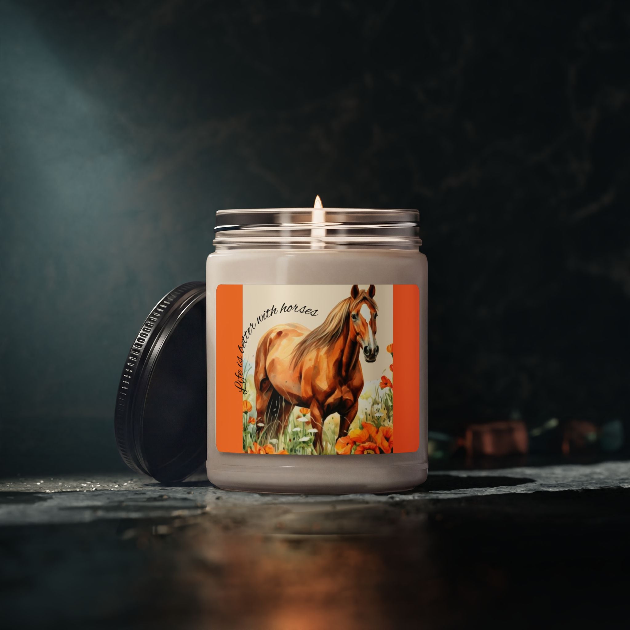 Scented Soy Candle, 9oz, custom designed horse, label with inspirational words,