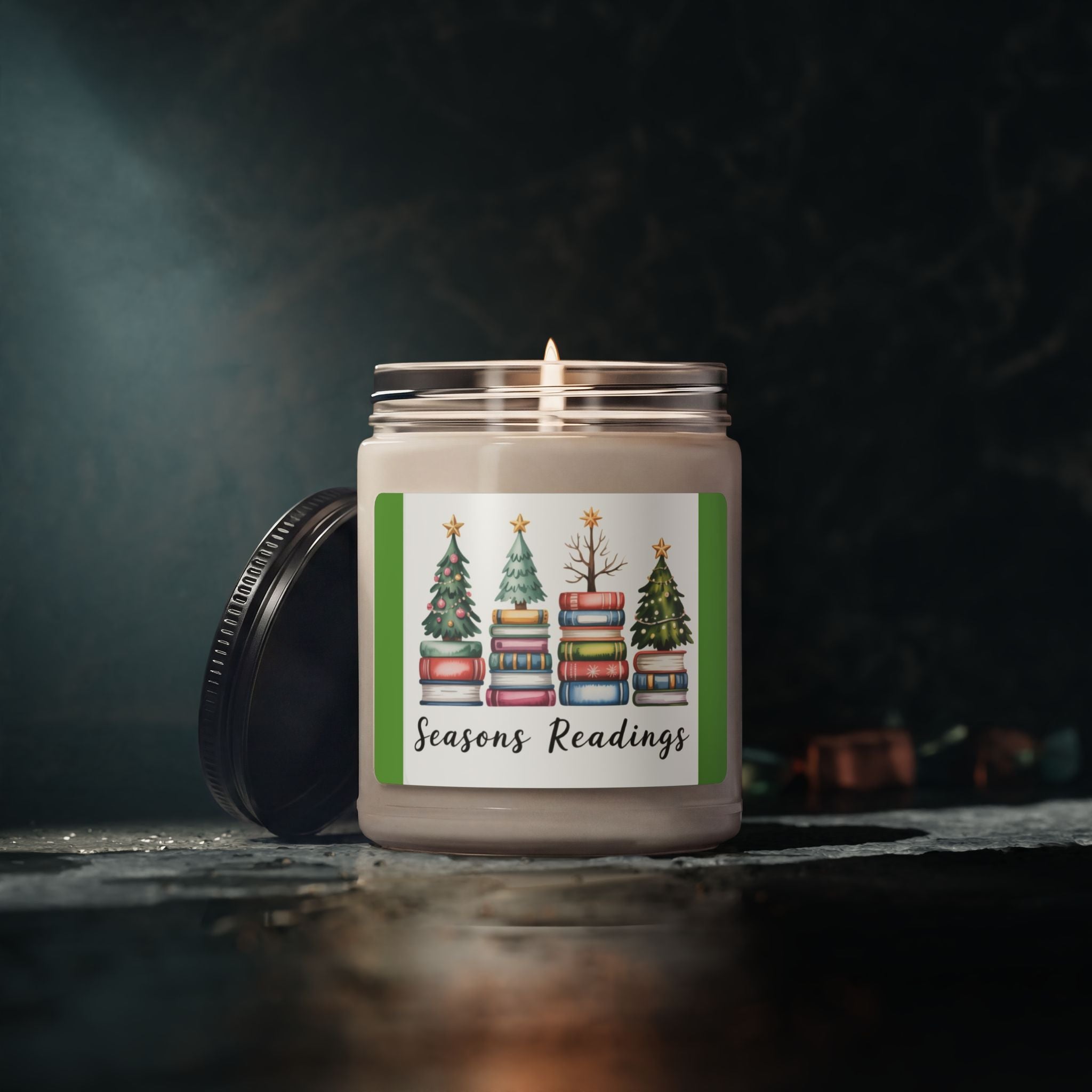 Scented Soy Candle, 9oz Christmas trees stacked books design