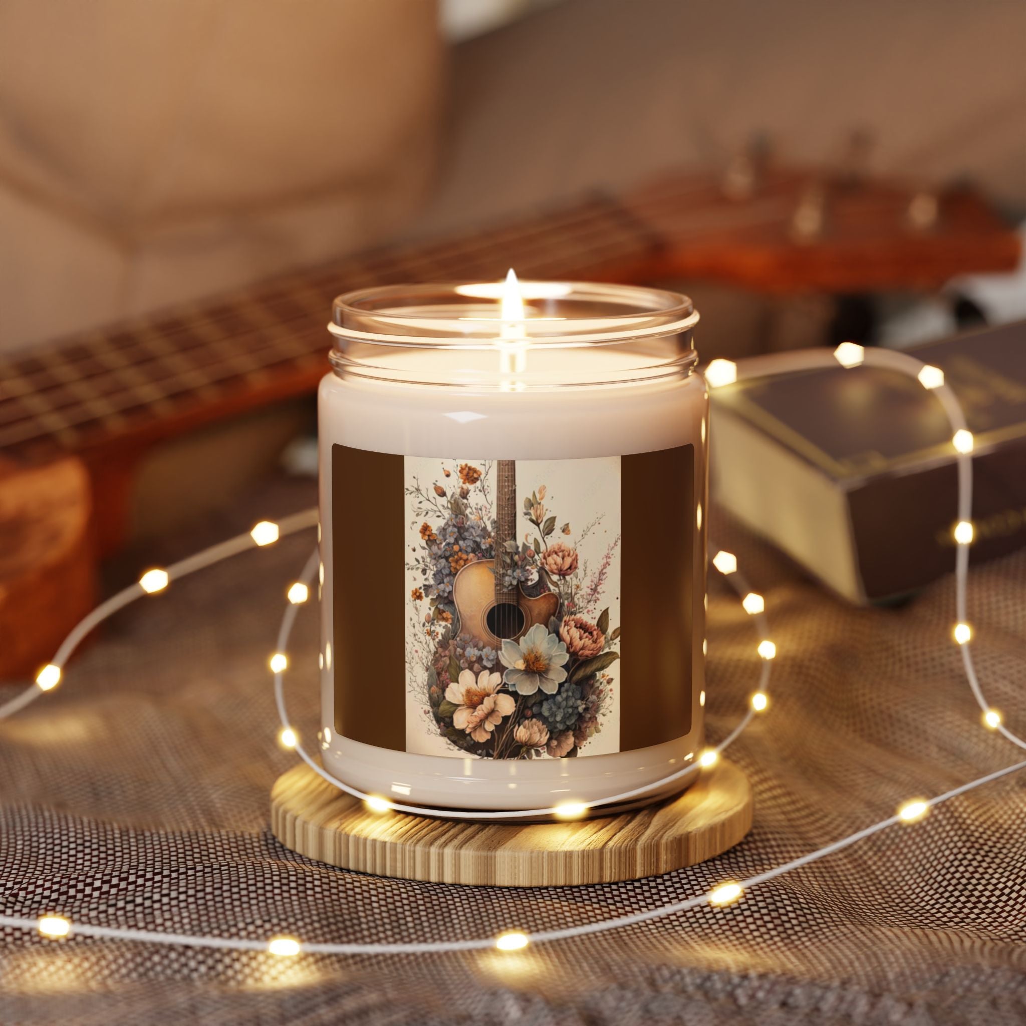 Scented Soy Candle, 9oz, Guitar custom music lover design, floral