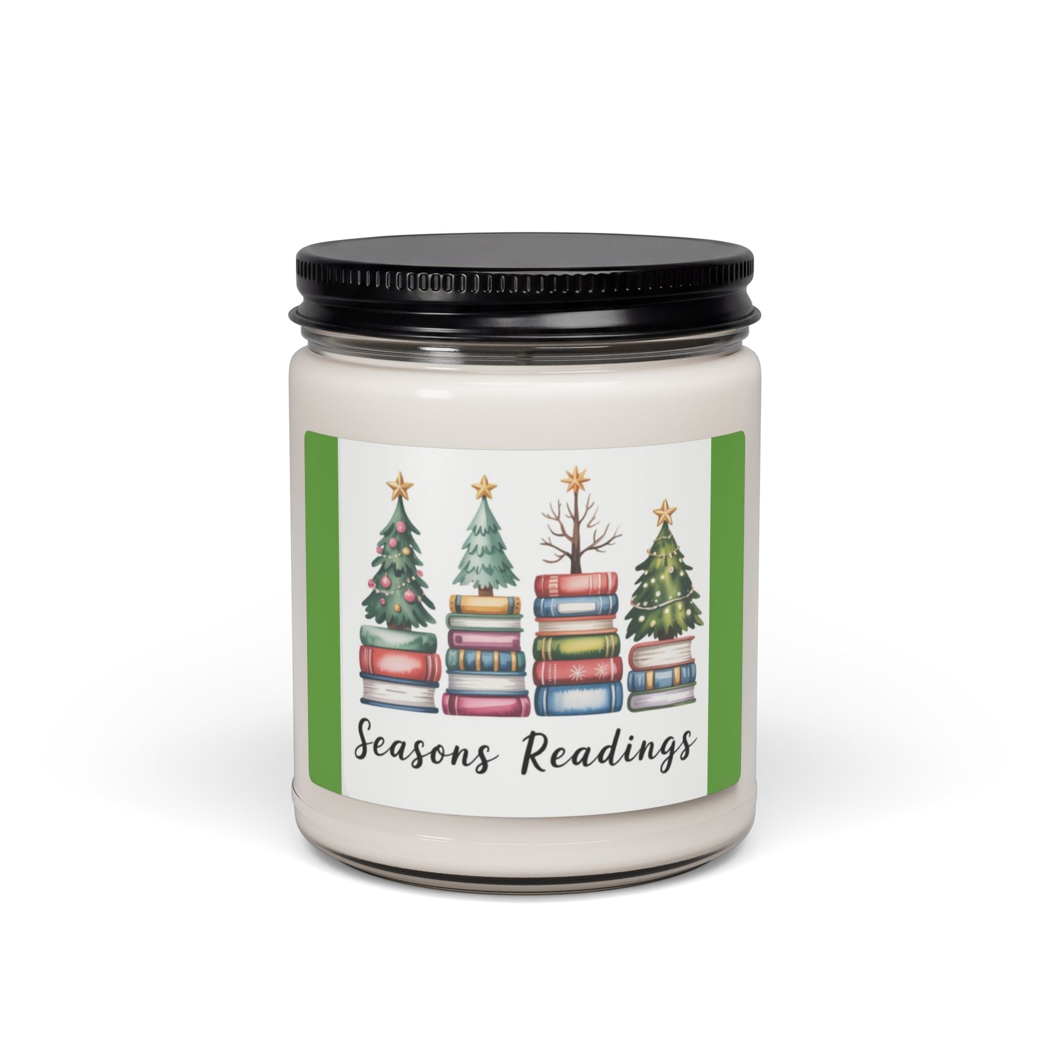 Scented Soy Candle, 9oz Christmas trees stacked books design