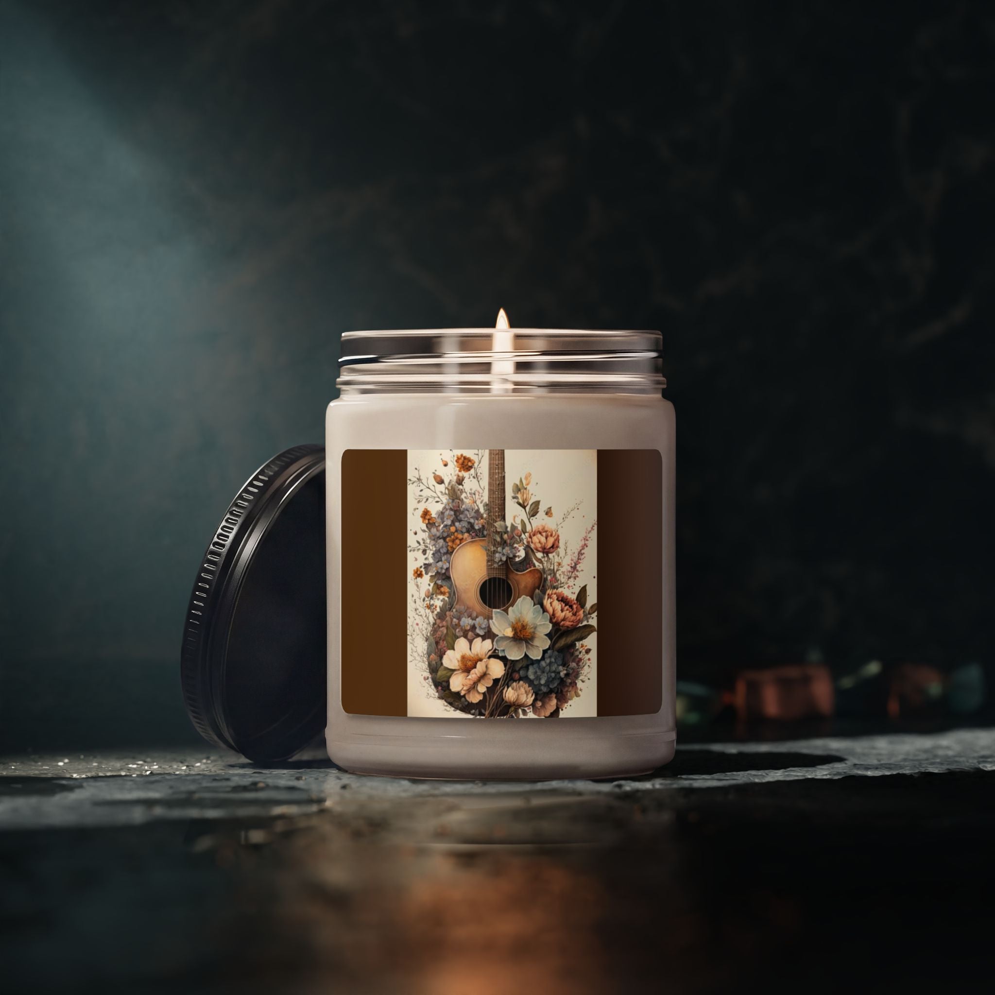 Scented Soy Candle, 9oz, Guitar custom music lover design, floral