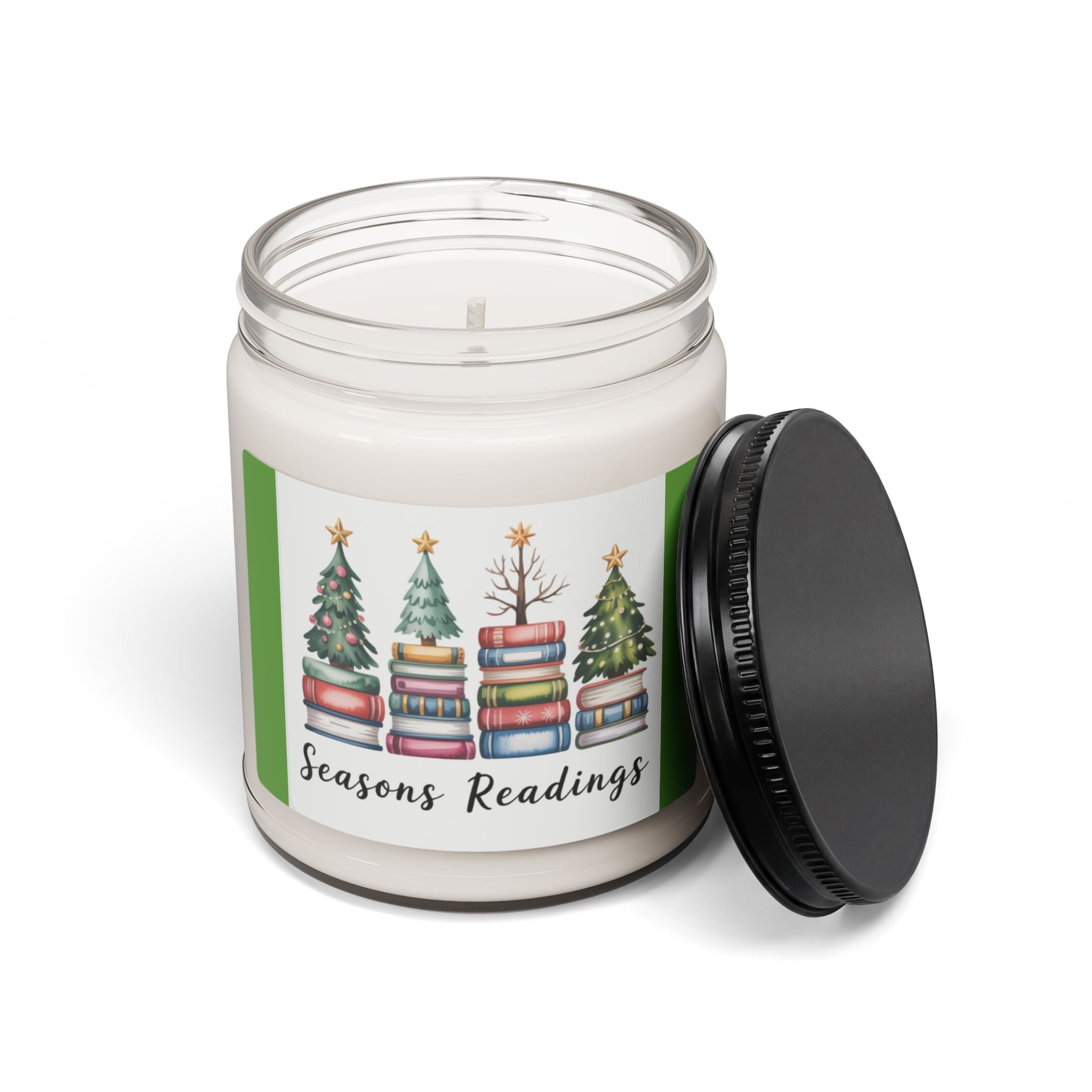 Scented Soy Candle, 9oz Christmas trees stacked books design