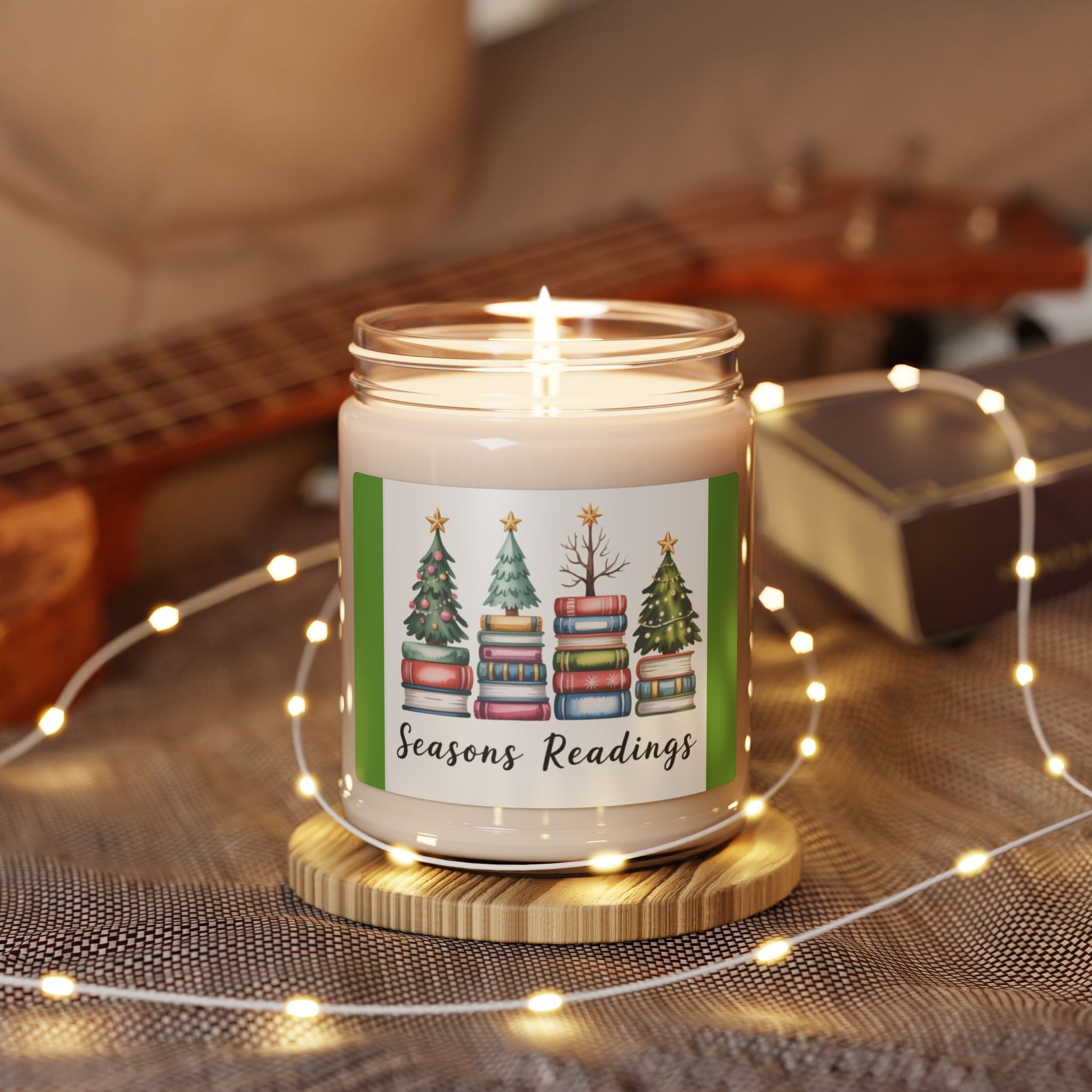 Scented Soy Candle, 9oz Christmas trees stacked books design